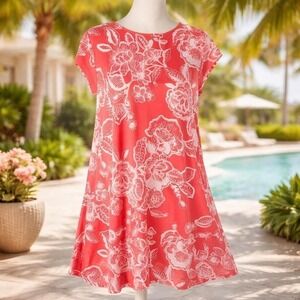 Ruby Rd Coral Floral Swing Dress Resort Preppy Vacation Beachy Lilly Style Med P
